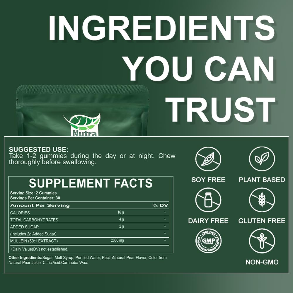 NutraNourish Mullein Gummies for Lung Detox – 1000mg Mullein Leaf Extract, Vegan Pear Flavor, Respiratory, Digestive & Immune Support