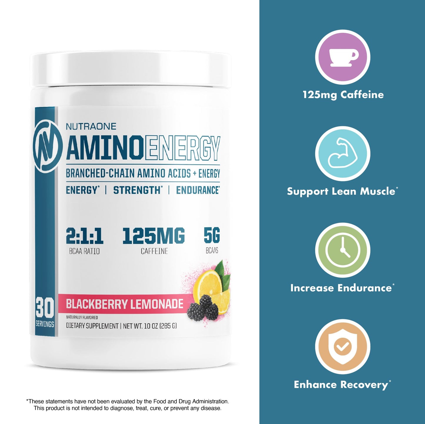 NutraOne Amino Energy BCAA Powder – Pre-Workout with Caffeine (Berry Lemonade, 30 Servings)