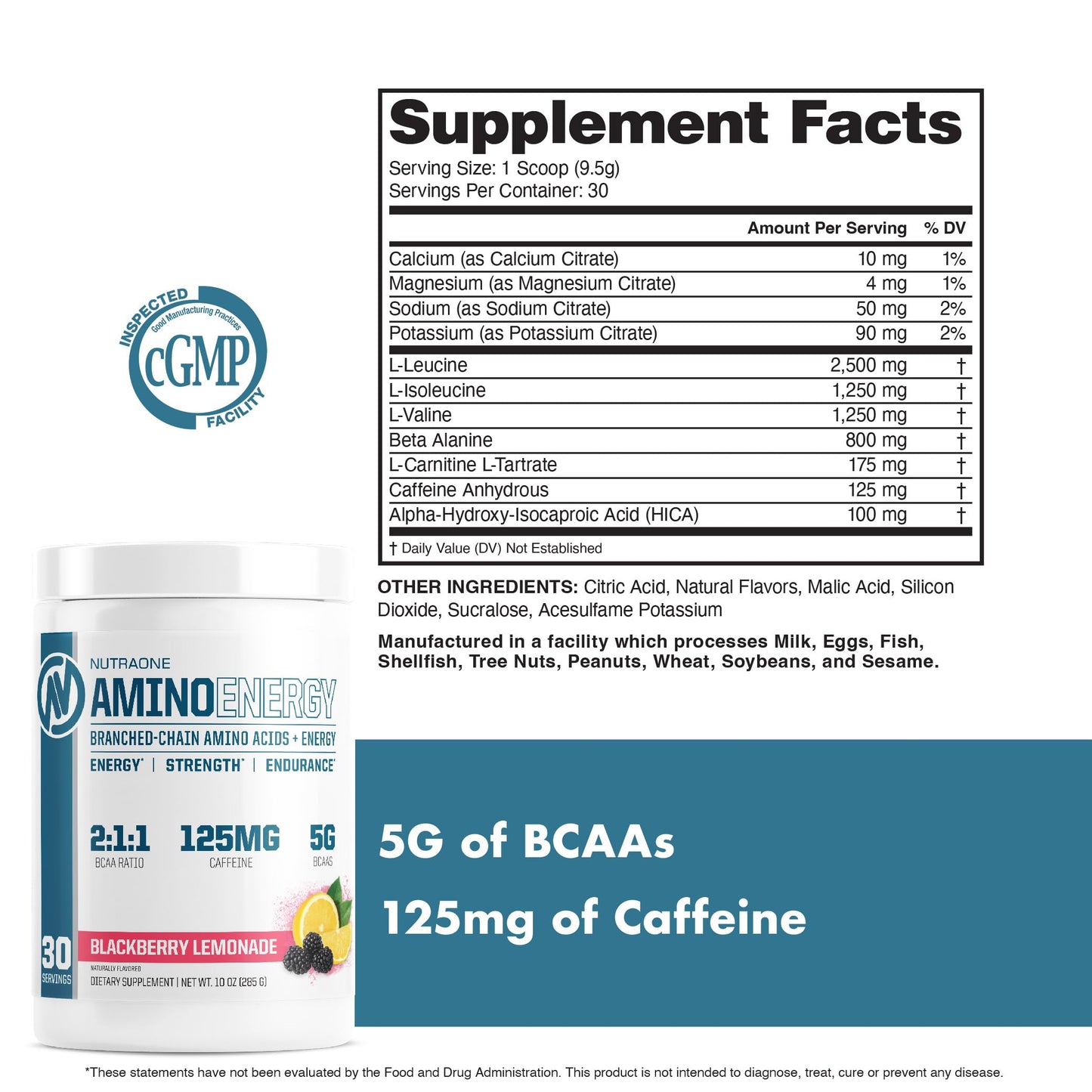 NutraOne Amino Energy BCAA Powder – Pre-Workout with Caffeine (Berry Lemonade, 30 Servings)