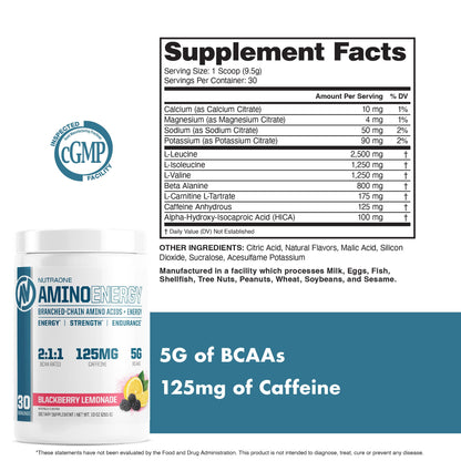 NutraOne Amino Energy BCAA Powder – Pre-Workout with Caffeine (Berry Lemonade, 30 Servings)