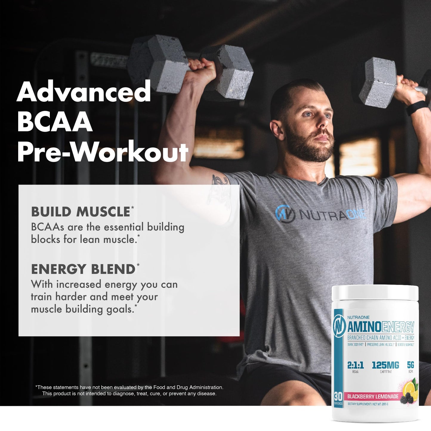 NutraOne Amino Energy BCAA Powder – Pre-Workout with Caffeine (Berry Lemonade, 30 Servings)