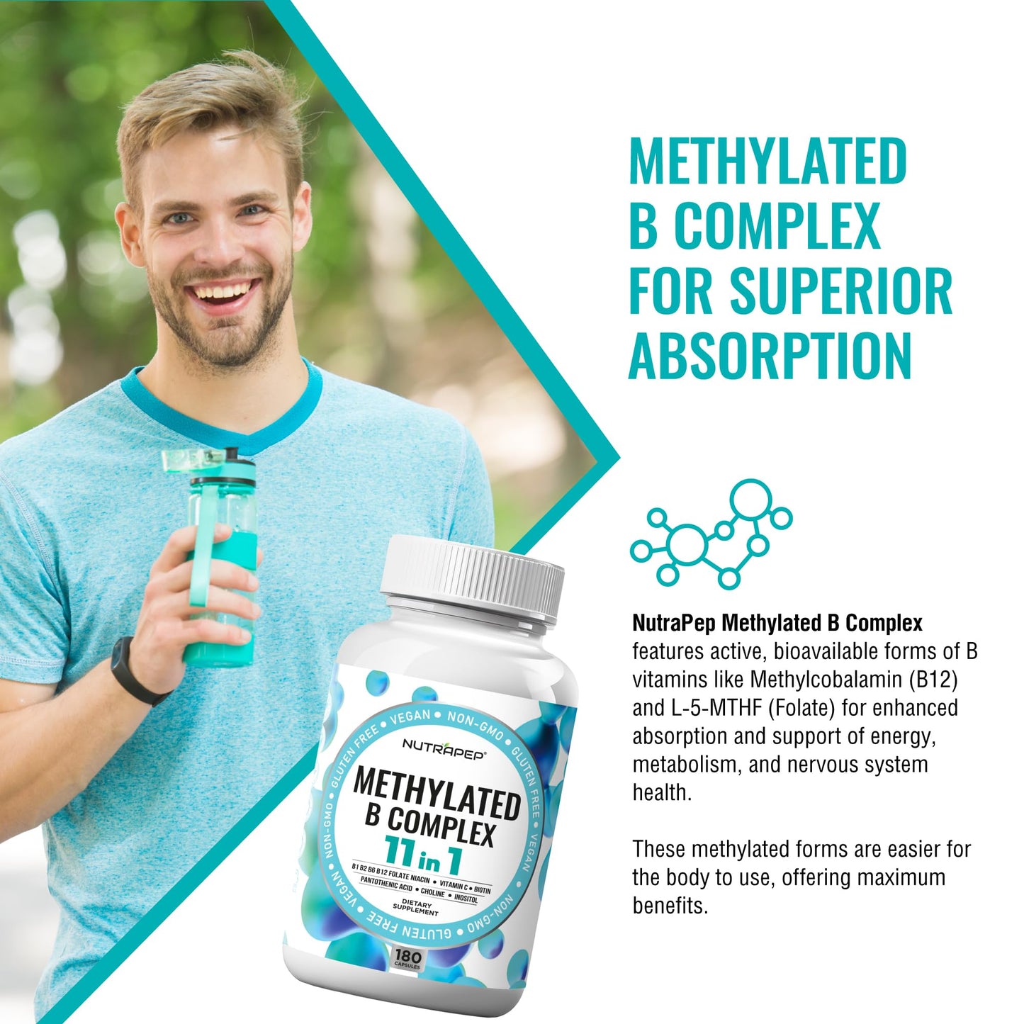 NutraPep Methylated B Complex Vitamins | 11-in-1 Bioactive B9 5-MTHF | Vegan