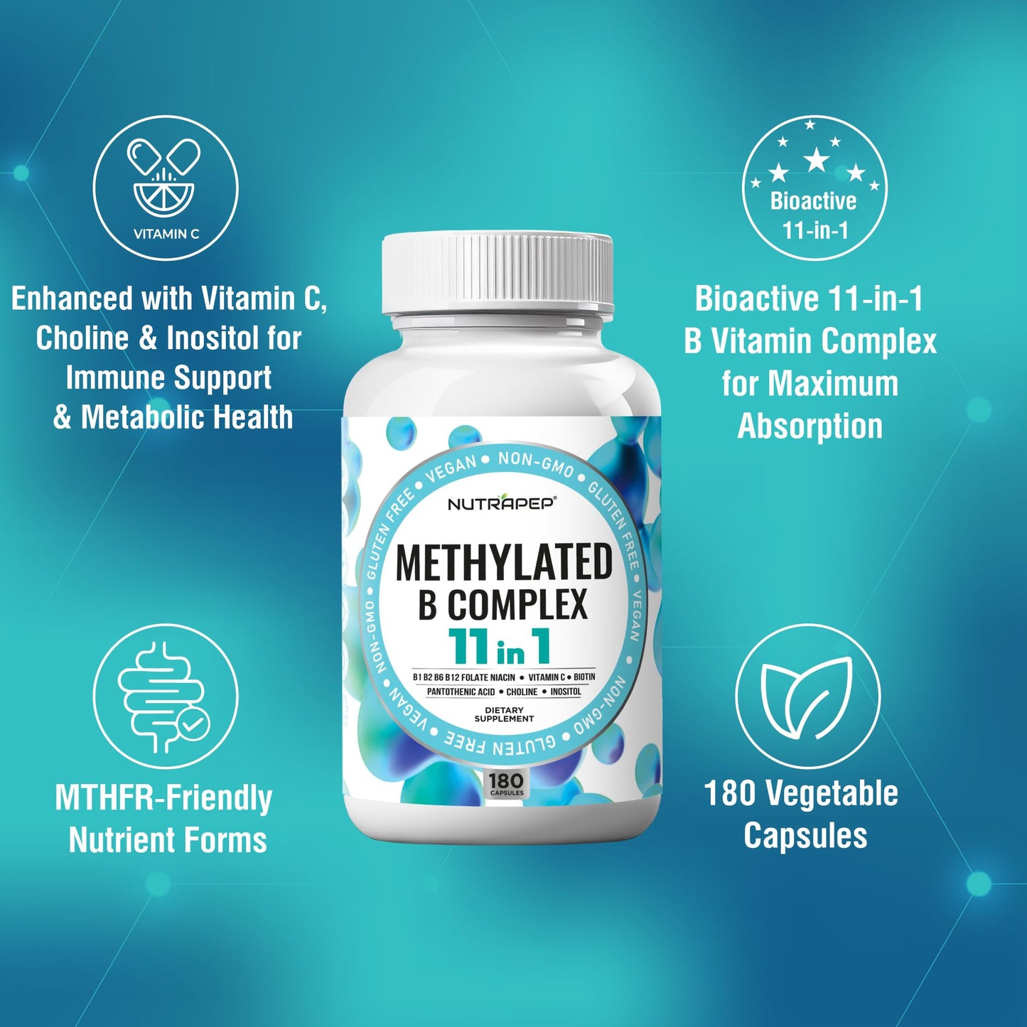 NutraPep Methylated B Complex Vitamins | 11-in-1 Bioactive B9 5-MTHF | Vegan