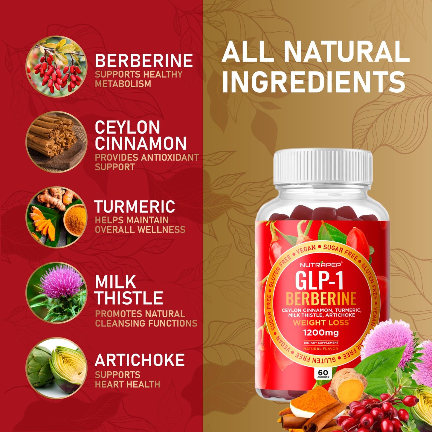NutraPep Berberine HCl GLP-1 Gummies (1200mg) – Sugar Free, Gluten Free, High Potency GLP-1 Weight Loss Support
