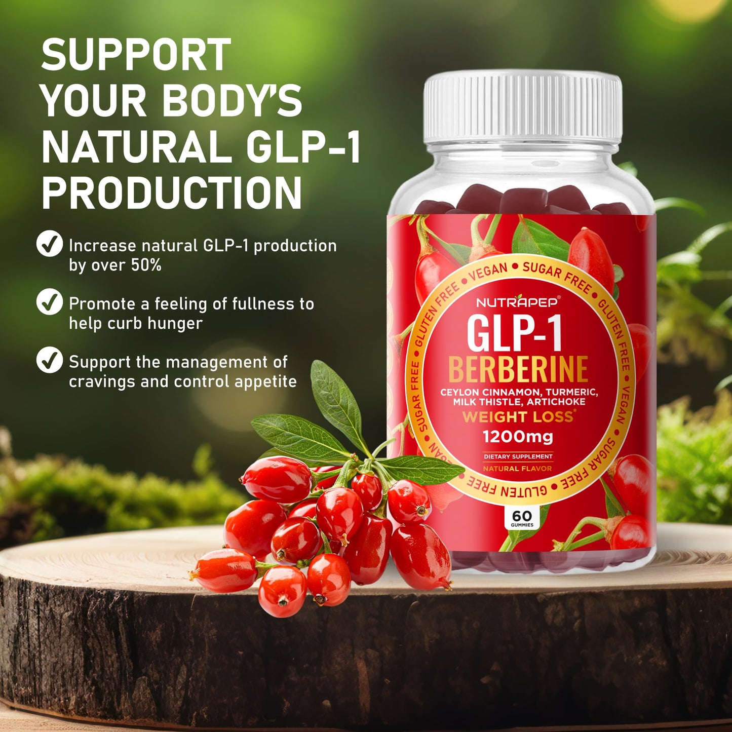 NutraPep Berberine HCl GLP-1 Gummies (1200mg) – Sugar Free, Gluten Free, High Potency GLP-1 Weight Loss Support