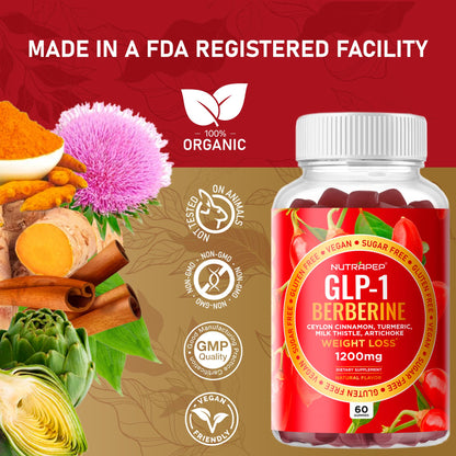 NutraPep Berberine HCl GLP-1 Gummies (1200mg) – Sugar Free, Gluten Free, High Potency GLP-1 Weight Loss Support