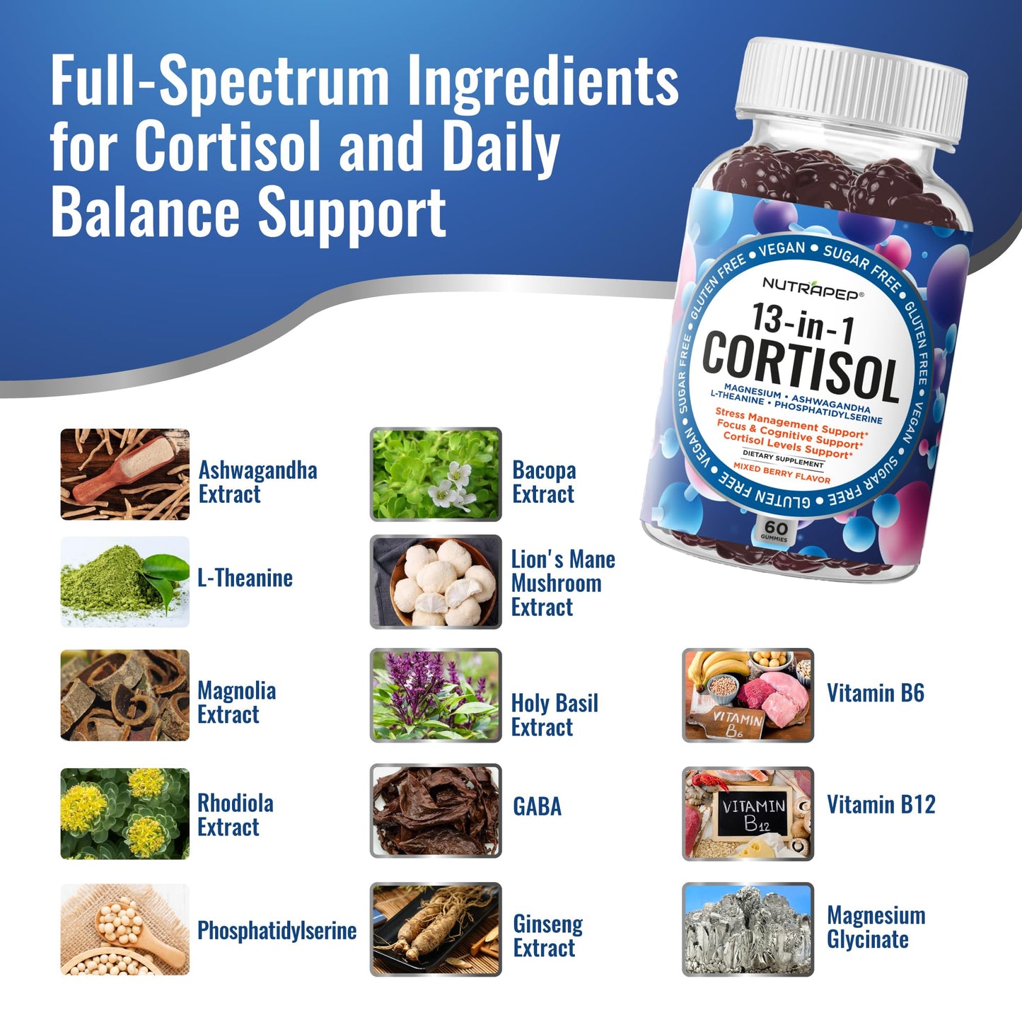 NutraPep Cortisol Gummies for Women & Men — 13-in-1 Cortisol Reducer (Vegan, Sugar Free)