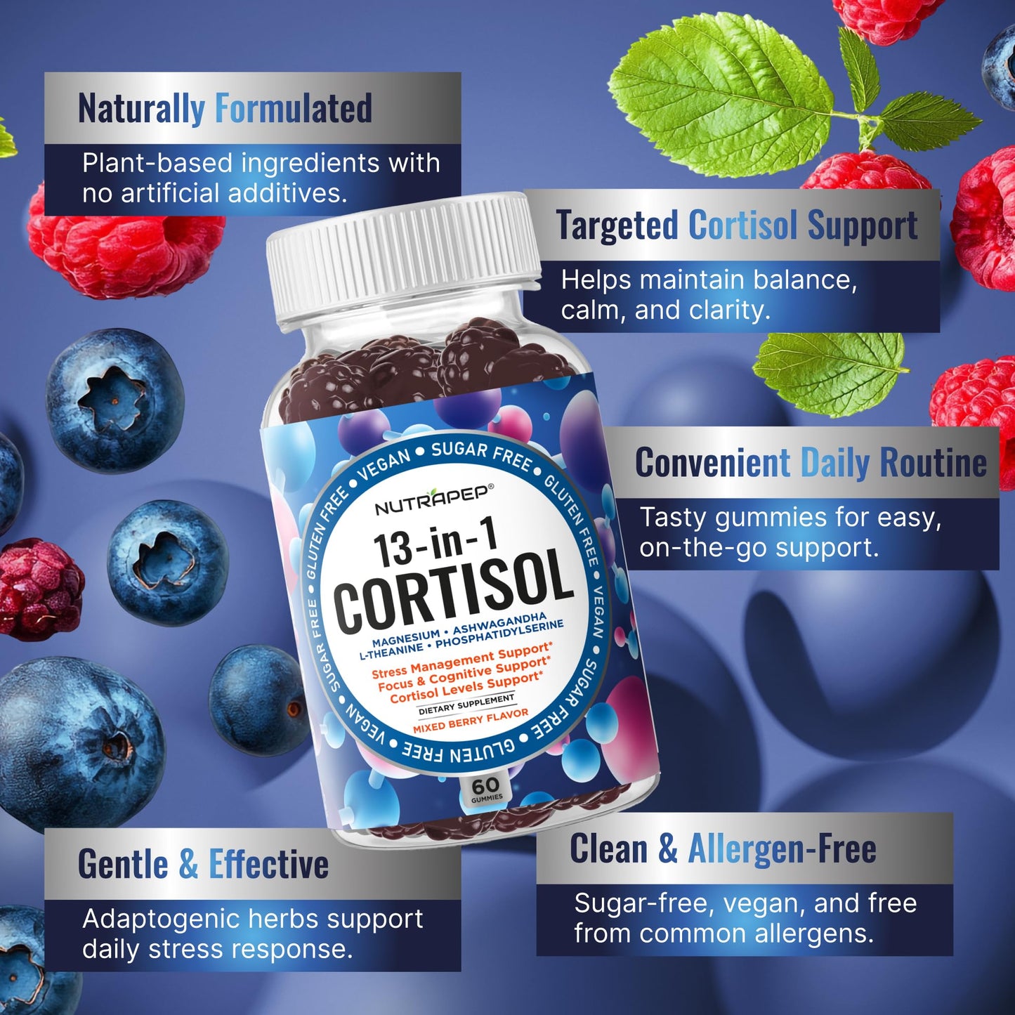 NutraPep Cortisol Gummies for Women & Men — 13-in-1 Cortisol Reducer (Vegan, Sugar Free)
