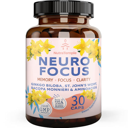 NutraTemple Brain Booster – Ginkgo Biloba, Bacopa Monnieri & St. John’s Wort | 30 Capsules
