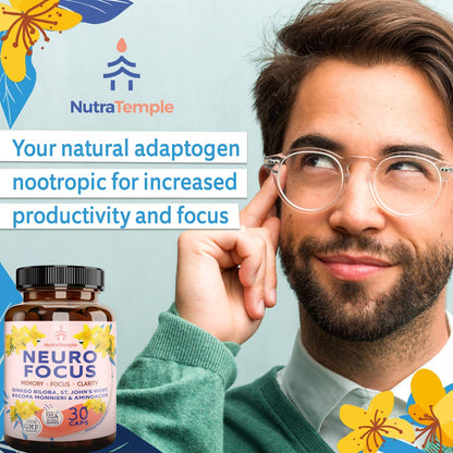 NutraTemple Brain Booster – Ginkgo Biloba, Bacopa Monnieri & St. John’s Wort | 30 Capsules