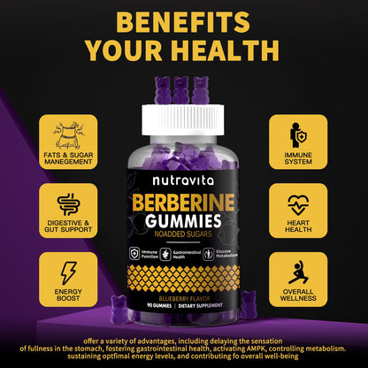 Nutravita Berberine Gummies with Ceylon Cinnamon - 1500mg Berberine HCl | Immune & Metabolism Support | Sugar Free Blueberry 1 Pack