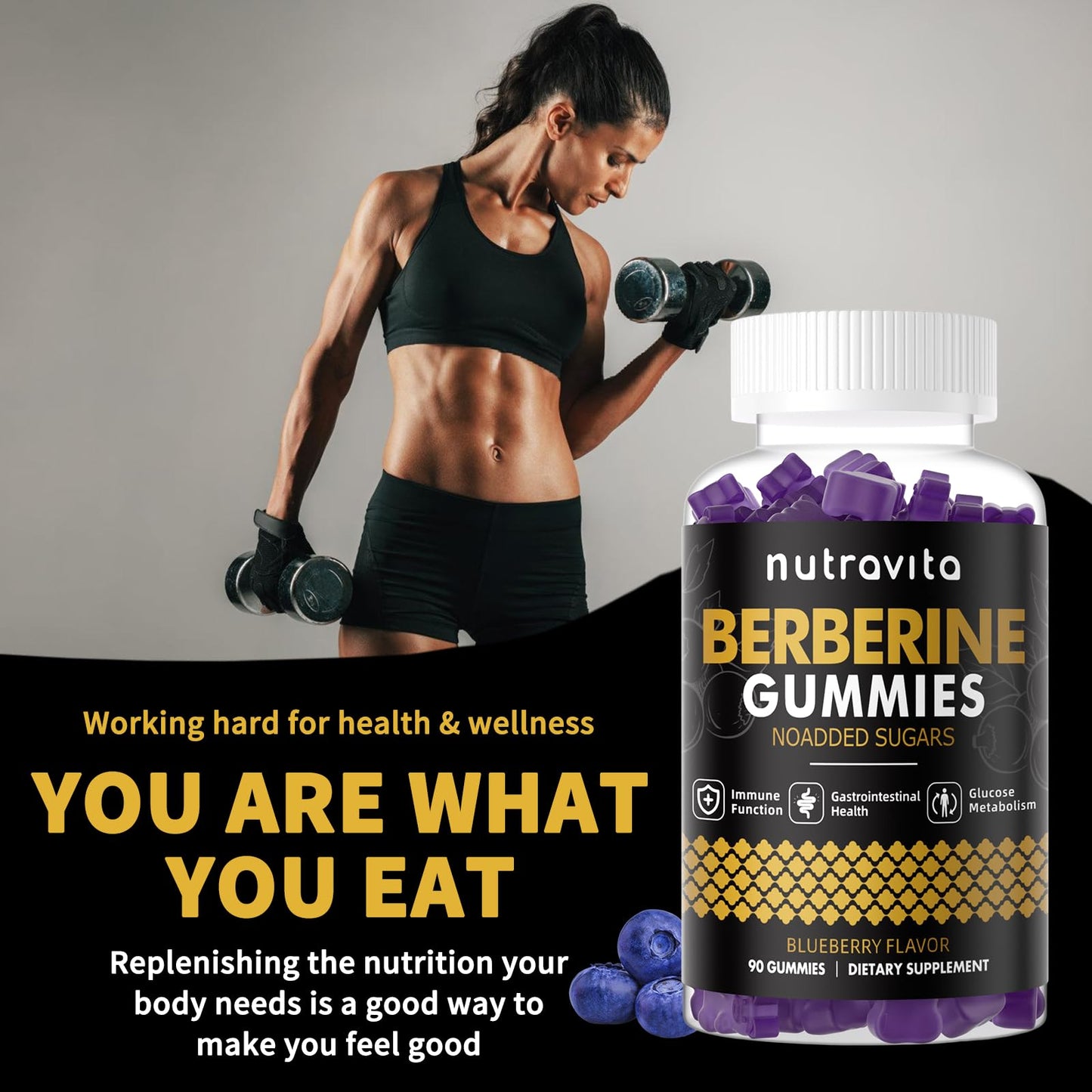 Nutravita Berberine Gummies with Ceylon Cinnamon - 1500mg Berberine HCl | Immune & Metabolism Support | Sugar Free Blueberry 1 Pack
