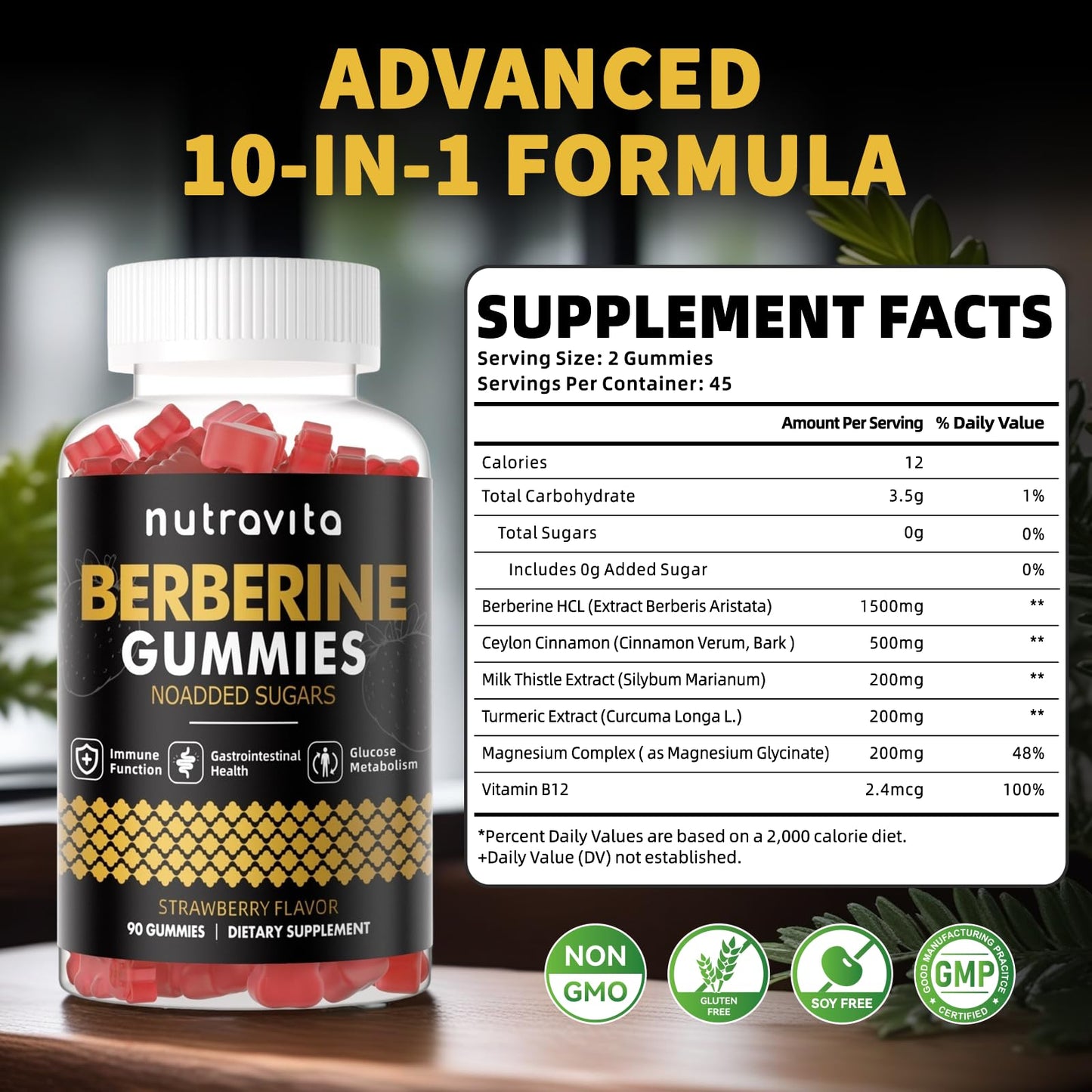 Nutravita Berberine Gummies 1500mg with Ceylon Cinnamon – Sugar Free Strawberry (2-Pack)