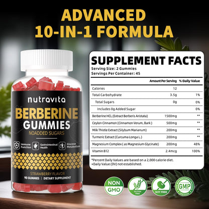 Nutravita Berberine Gummies 1500mg with Ceylon Cinnamon – Sugar Free Strawberry (2-Pack)