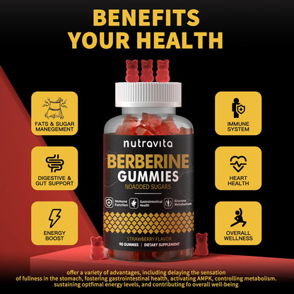 Nutravita Berberine Gummies 1500mg – Sugar Free Strawberry Flavor for Immune & Metabolism Support