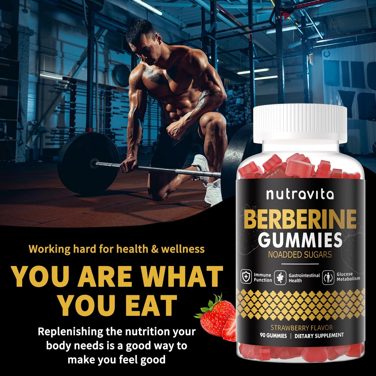 Nutravita Berberine Gummies 1500mg with Ceylon Cinnamon – Sugar Free Strawberry (2-Pack)