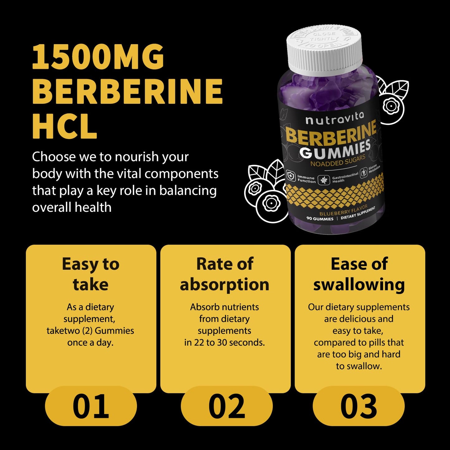 Nutravita Berberine Gummies with Ceylon Cinnamon - 1500mg Berberine HCl | Immune & Metabolism Support | Sugar Free Blueberry 1 Pack