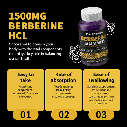 Nutravita Berberine Gummies with Ceylon Cinnamon - 1500mg Berberine HCl | Immune & Metabolism Support | Sugar Free Blueberry 1 Pack