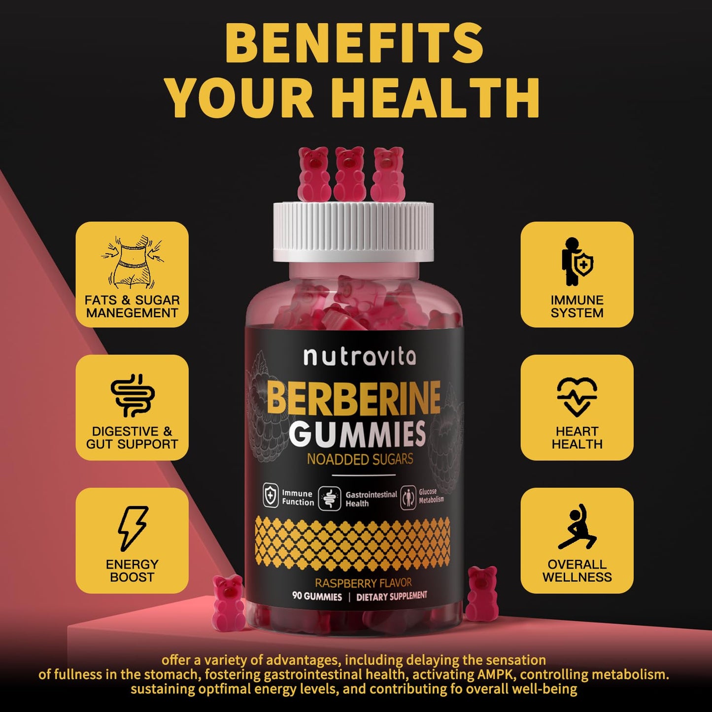 Nutravita Berberine Gummies 1500mg HCL + Ceylon Cinnamon – Sugar Free Raspberry 2-Pack