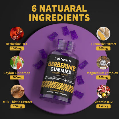 Nutravita Berberine Gummies with Ceylon Cinnamon - 1500mg Berberine HCl | Immune & Metabolism Support | Sugar Free Blueberry 1 Pack