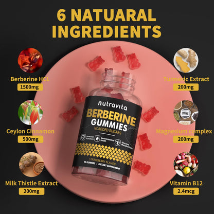 Nutravita Berberine Gummies 1500mg with Ceylon Cinnamon – Sugar Free Strawberry (2-Pack)