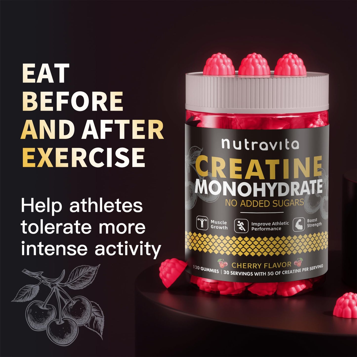 Nutravita Creatine Monohydrate Gummies – 5g per Serving, Vegan, Sugar Free, Cherry, 120 Count