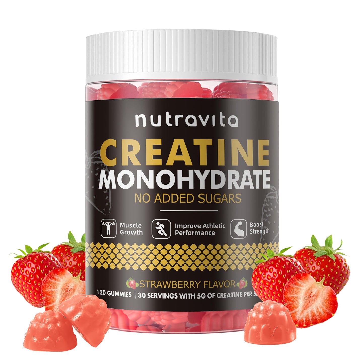 Nutravita Creatine Monohydrate Gummies - Strawberry, Vegan, Sugar-Free, 120 Count
