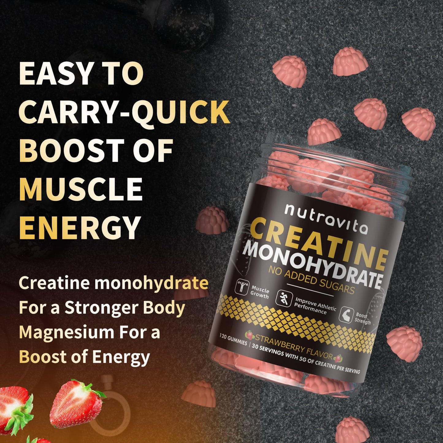 Nutravita Creatine Monohydrate Gummies - Strawberry, Vegan, Sugar-Free, 120 Count