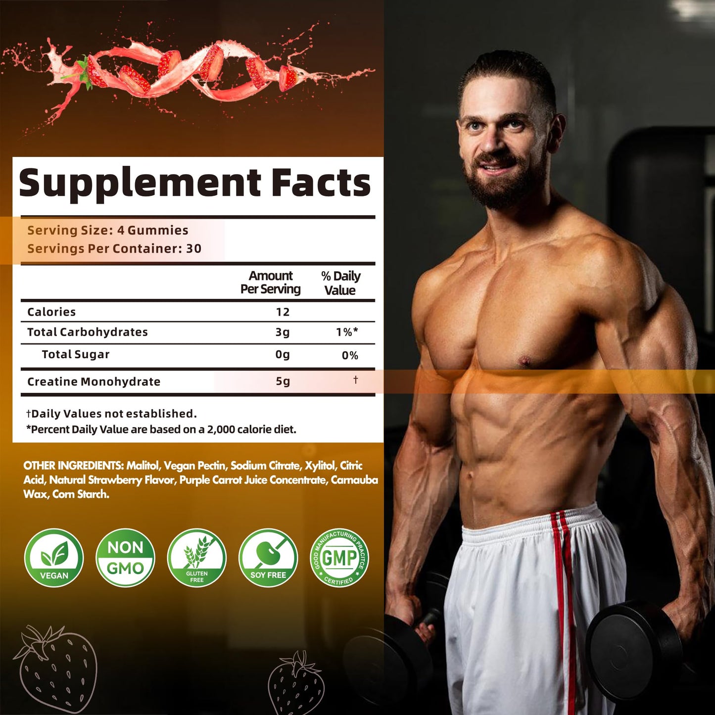 Nutravita Creatine Monohydrate Gummies - Strawberry, Vegan, Sugar-Free, 120 Count