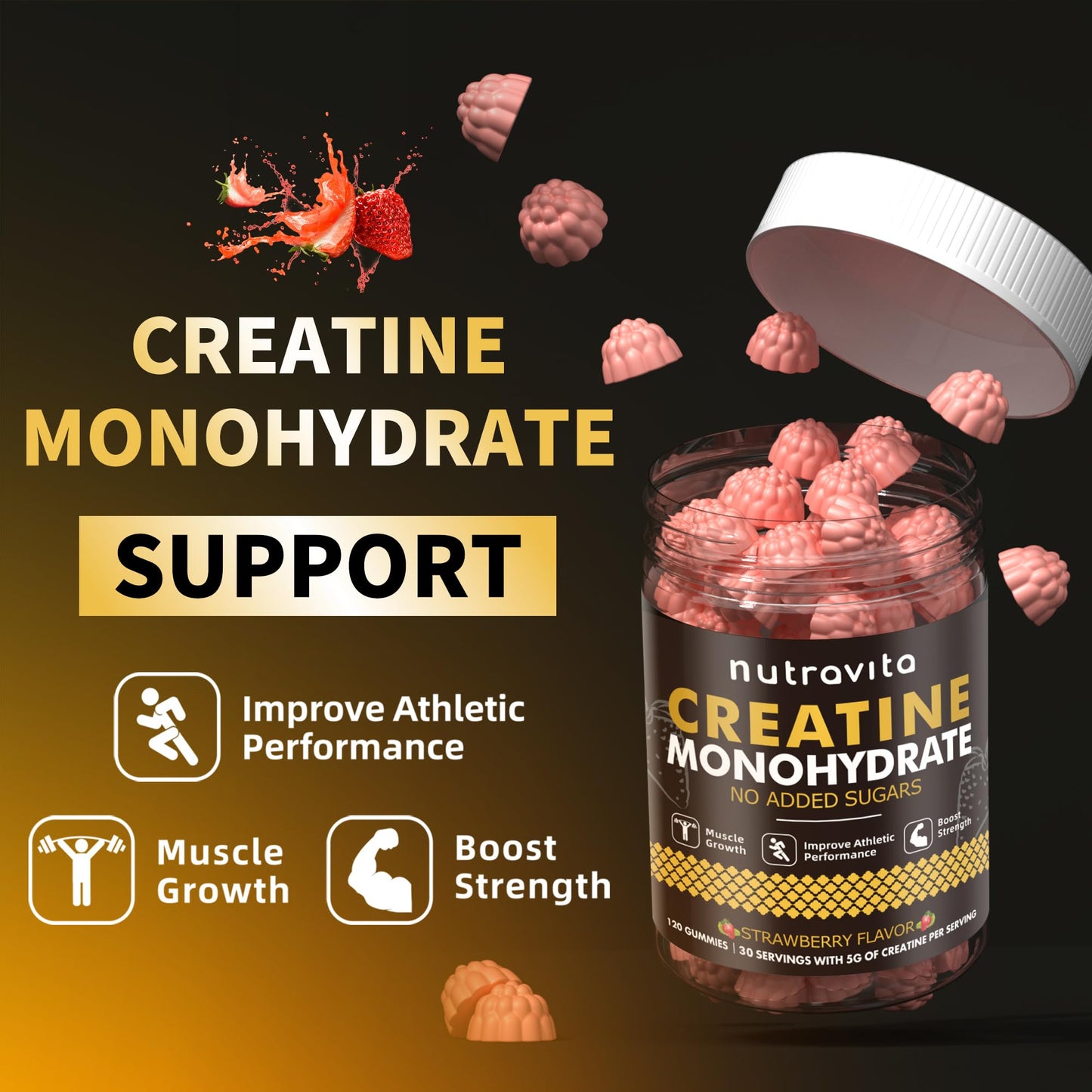 Nutravita Creatine Monohydrate Gummies - Strawberry, Vegan, Sugar-Free, 120 Count