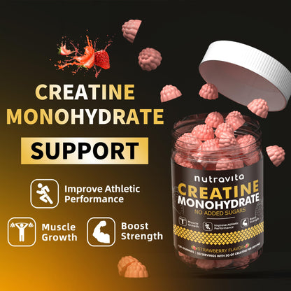 Nutravita Creatine Monohydrate Gummies - Strawberry, Vegan, Sugar-Free, 120 Count