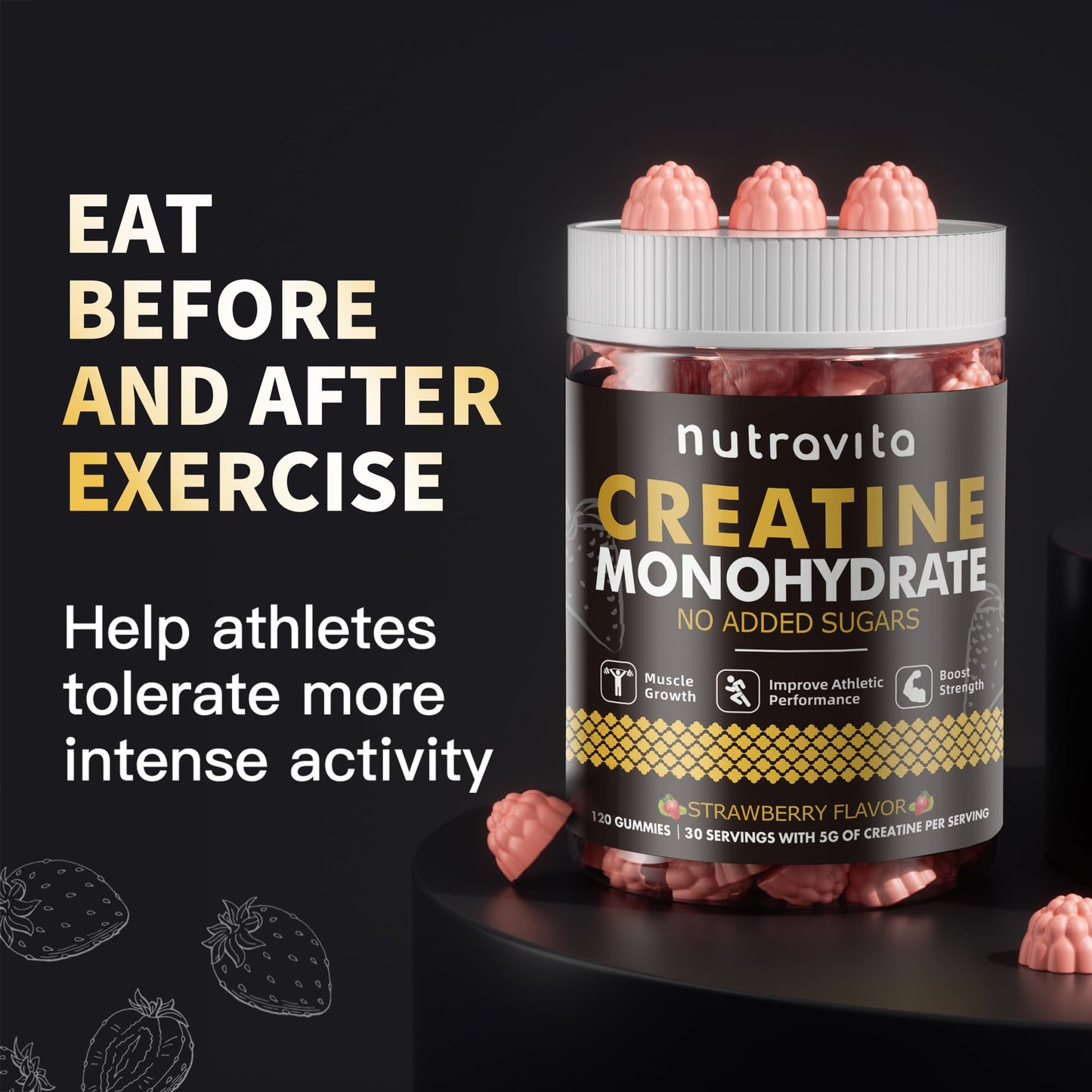Nutravita Creatine Monohydrate Gummies - Strawberry, Vegan, Sugar-Free, 120 Count