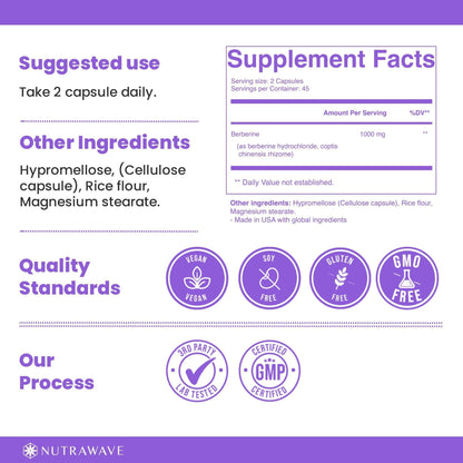Nutrawave PURE Berberine Max Potency – 1000mg/Serving | Supports Blood Sugar & Metabolism | Vegan