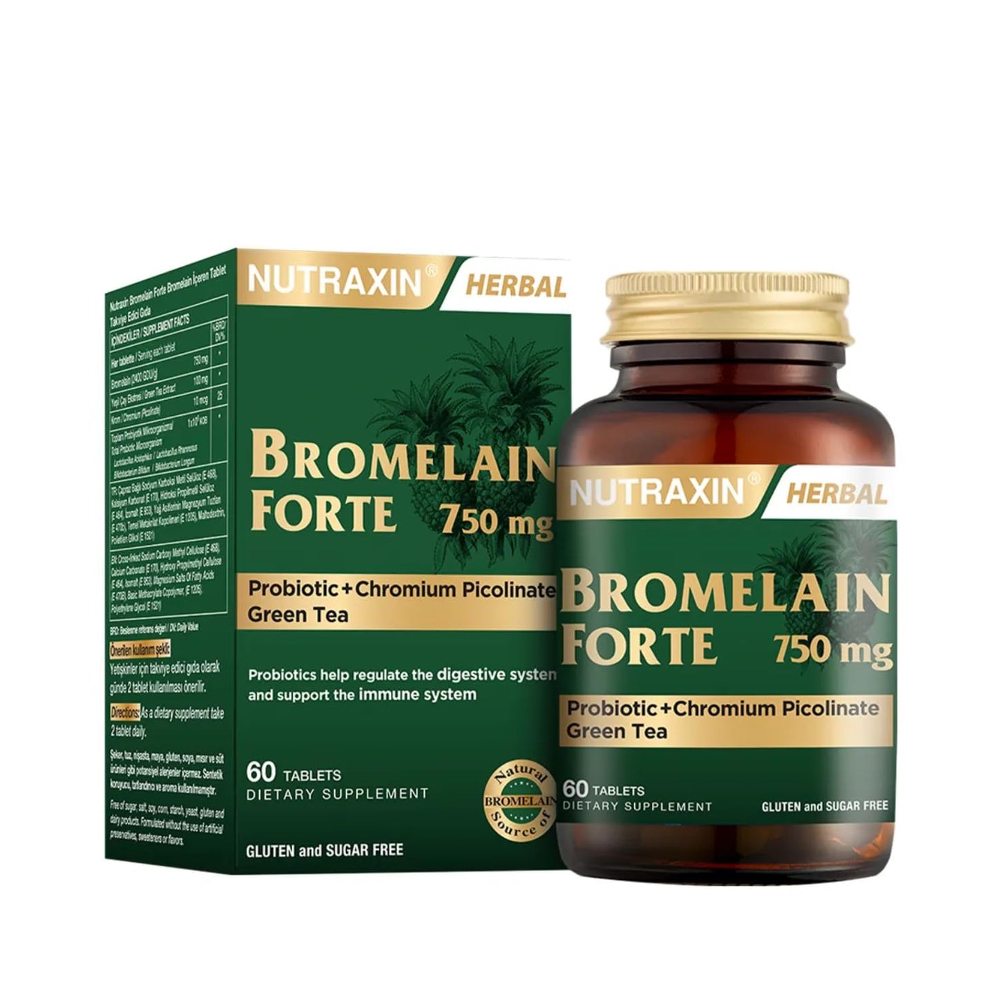 Nutraxin Bromelain Forte – 2400 GDU/g Bromelain with Green Tea Extract, Chromium & Probiotics | 60 Tablets