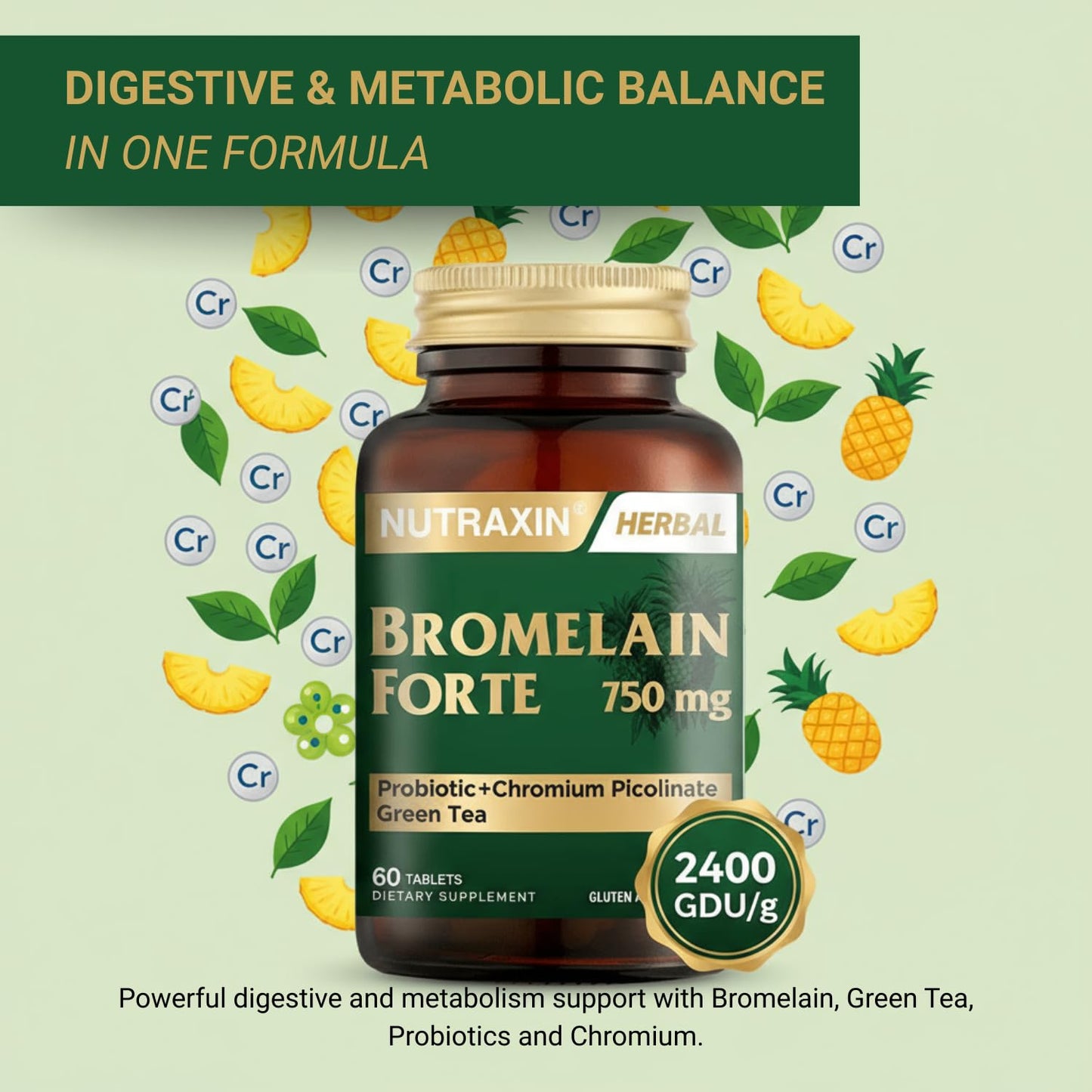 Nutraxin Bromelain Forte – 2400 GDU/g Bromelain with Green Tea Extract, Chromium & Probiotics | 60 Tablets