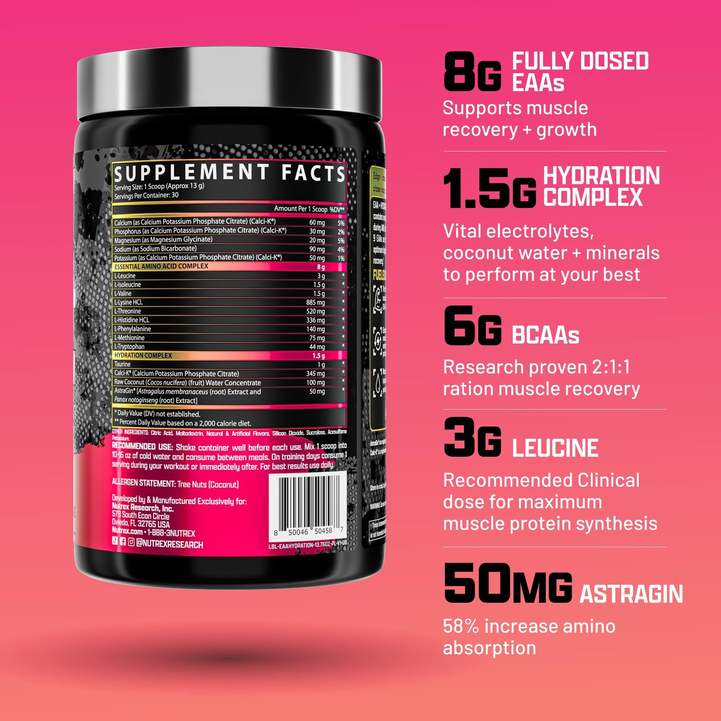 Nutrex Research EAA Hydration | 8G Essential Amino Acids + Electrolytes | EAAs + BCAA Powder | 30 Servings (Pink Lemonade)