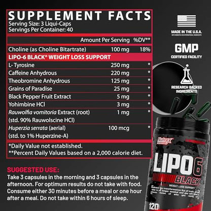 Nutrex Lipo-6 Black Max Strength Fat Burner – Fast Acting Energy & Metabolism (120 Capsules)