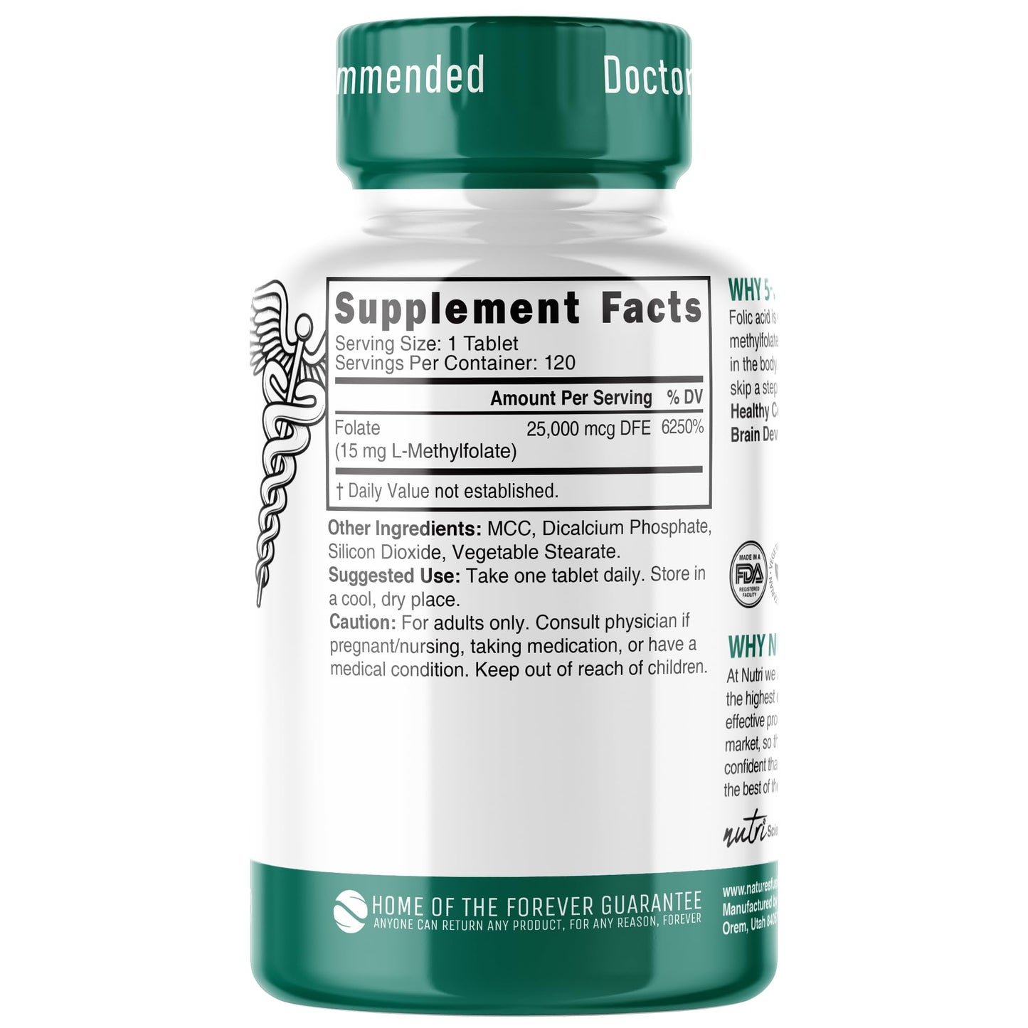5-MTHF L-Methylfolate 15mg - 120 Vegan Tablets | 3rd-Party Tested