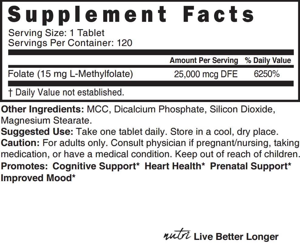5-MTHF L-Methylfolate 15mg - 120 Vegan Tablets | 3rd-Party Tested