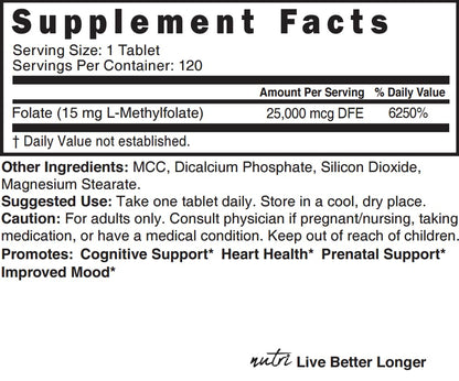 5-MTHF L-Methylfolate 15mg - 120 Vegan Tablets | 3rd-Party Tested
