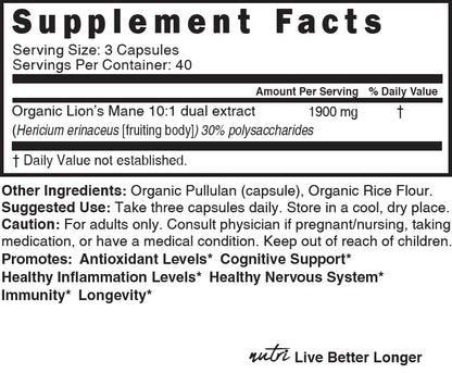 Nutri Organic Lion's Mane - 1900 mg, 120 Count, 10:1 Dual Extraction