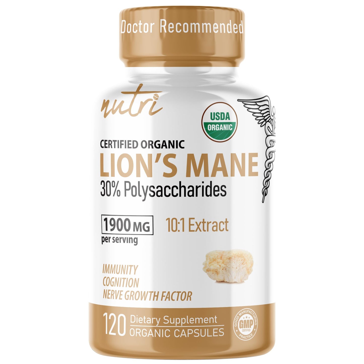 Nutri Organic Lion's Mane - 1900 mg, 120 Count, 10:1 Dual Extraction