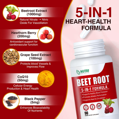 NUTRI POTENTIA Beet Root Capsules - 5 in 1 Blood Pressure & Circulation Support | 90 Capsules