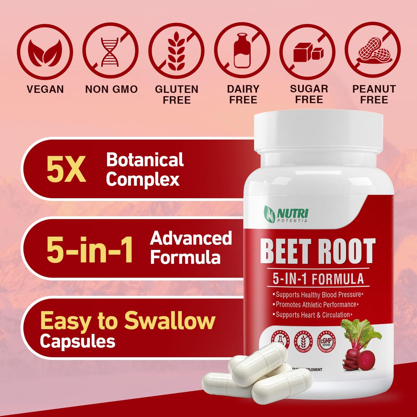 NUTRI POTENTIA Beet Root Capsules - 5 in 1 Blood Pressure & Circulation Support | 90 Capsules
