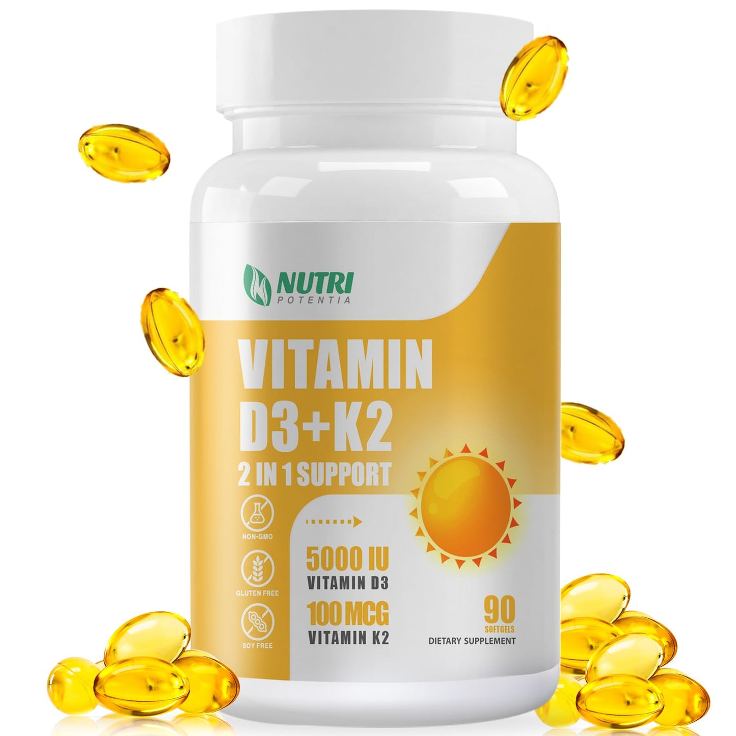 NUTRI POTENTIA Vitamin D3 K2 Softgels with MCT Oil - D3 5000 IU, K2 100 mcg MK-7, Gluten Free | 90 Count