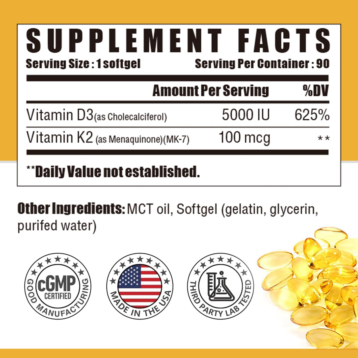 NUTRI POTENTIA Vitamin D3 K2 Softgels with MCT Oil - D3 5000 IU, K2 100 mcg MK-7, Gluten Free | 90 Count