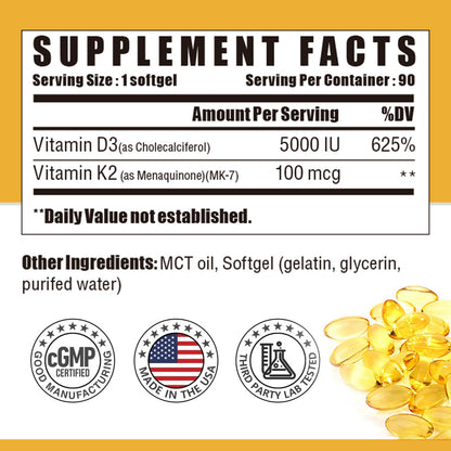 NUTRI POTENTIA Vitamin D3 K2 Softgels with MCT Oil - D3 5000 IU, K2 100 mcg MK-7, Gluten Free | 90 Count