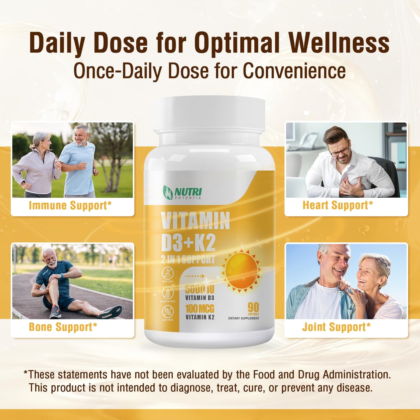 NUTRI POTENTIA Vitamin D3 K2 Softgels with MCT Oil - D3 5000 IU, K2 100 mcg MK-7, Gluten Free | 90 Count