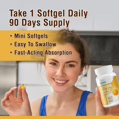 NUTRI POTENTIA Vitamin D3 K2 Softgels with MCT Oil - D3 5000 IU, K2 100 mcg MK-7, Gluten Free | 90 Count