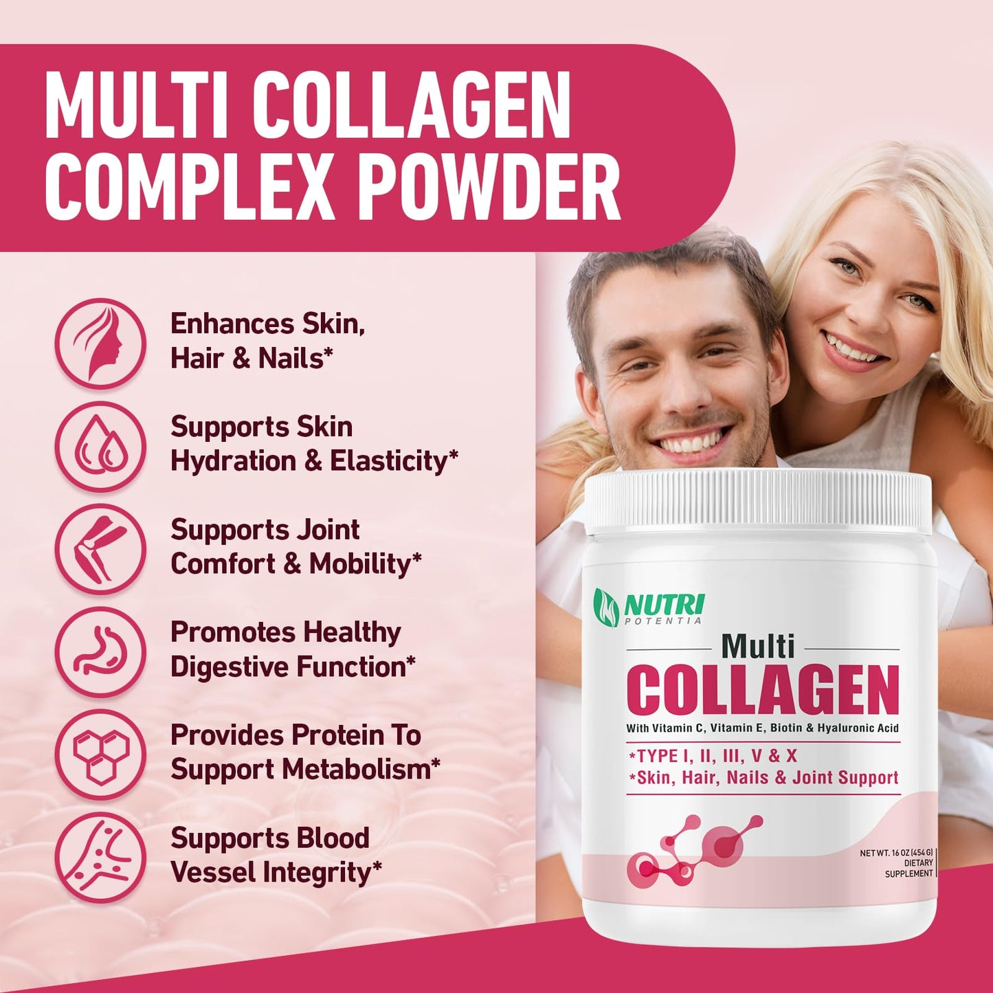 NUTRI POTENTIA Multi Collagen Peptides Powder – Unflavored, 45 Servings